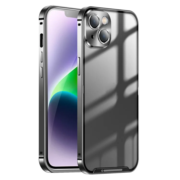 For iPhone 14 Plus Anti-fall Ultra Slim Phone Case Aluminium Alloy Bumper Frame Matte Cell Phone Protective Cover with Camera Lens Protector - Black