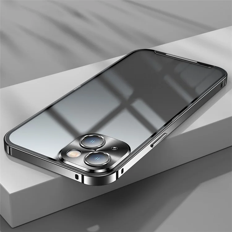 For iPhone 14 Plus Anti-fall Ultra Slim Phone Case Aluminium Alloy Bumper Frame Matte Cell Phone Protective Cover with Camera Lens Protector - Black