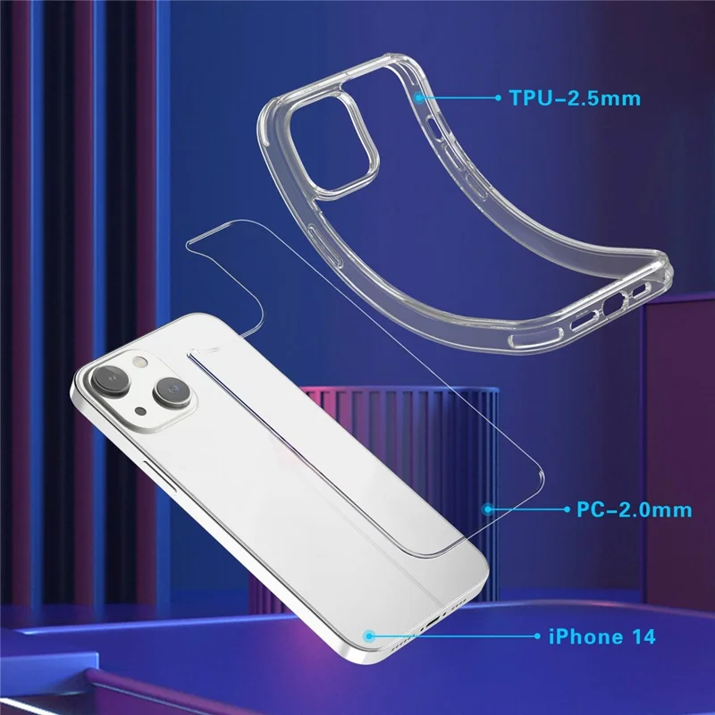 For iPhone 14 Plus Shockproof Transparent Phone Case Hard PC + Soft TPU Protective Cover - Transparent