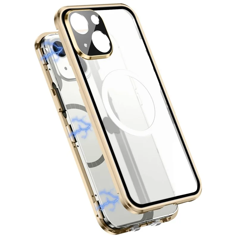 Anti-Fall Magnetic Case for iPhone 14 Matte PC + Metal + Tempered Glass Shockproof Phone Case with Lens Protector / Magnetic Lock - Gold