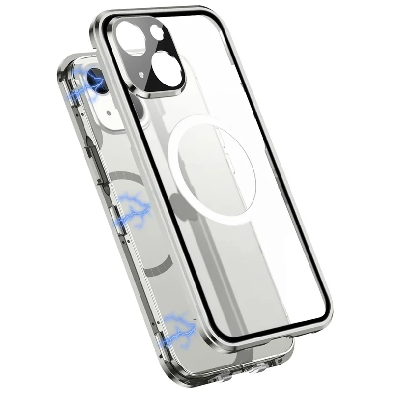 Magnetic Case for iPhone 14 Plus Matte PC + Metal + Tempered Glass Shockproof Case Anti-Fall Phone Cover with Lens Protector / Magnetic Lock - Silver