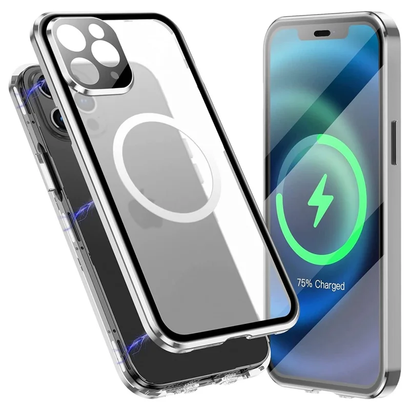 Shockproof Magnetic Case for iPhone 12 Pro 6.1 inch Matte Hard PC + Metal + Tempered Glass Phone Cover Anti-Fall Phone Case with Magnetic Lock - Silver