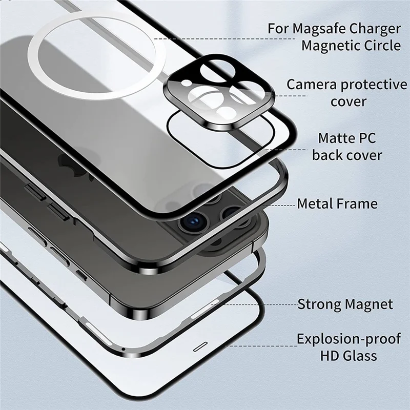 Shockproof Magnetic Case for iPhone 12 Pro 6.1 inch Matte Hard PC + Metal + Tempered Glass Phone Cover Anti-Fall Phone Case with Magnetic Lock - Silver