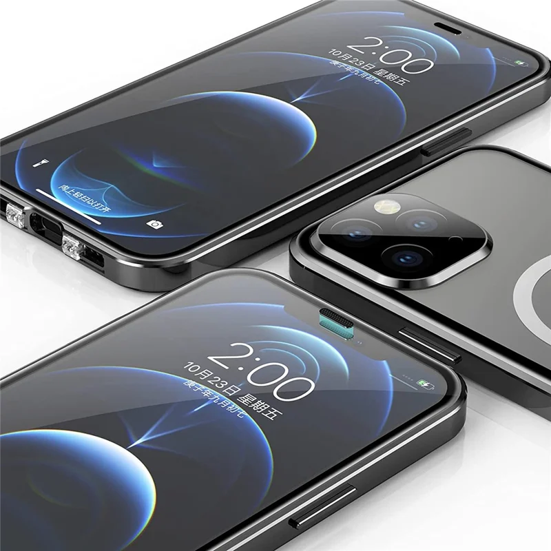 Shockproof Magnetic Case for iPhone 12 Pro 6.1 inch Matte Hard PC + Metal + Tempered Glass Phone Cover Anti-Fall Phone Case with Magnetic Lock - Silver