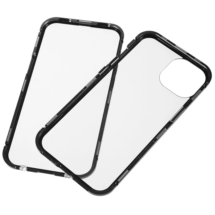Pour Iphone 14 Plus de Sécurité Boucle Transparente Couverture Côté Double Côté Trempé Adsorption Magnétique Métal Bumper Straight Edge Téléphone - le Noir