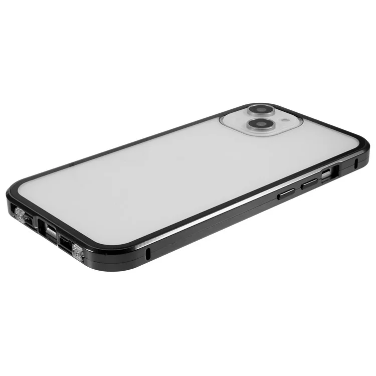 Pour Iphone 14 Plus de Sécurité Boucle Transparente Couverture Côté Double Côté Trempé Adsorption Magnétique Métal Bumper Straight Edge Téléphone - le Noir