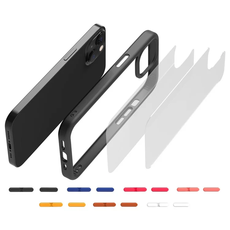 For iPhone 14 Plus 9H Hardness Tempered Glass + TPU Shockproof Hybrid Case Matte Bumper Transparent Phone Cover - Black