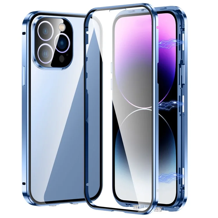 Magnetic Phone Case for iPhone 13 Pro Max 6.7 inch Metal Frame +  Double Sides Tempered Glass Straight Edge Protection Cover with Self-Locking Buckle - Blue