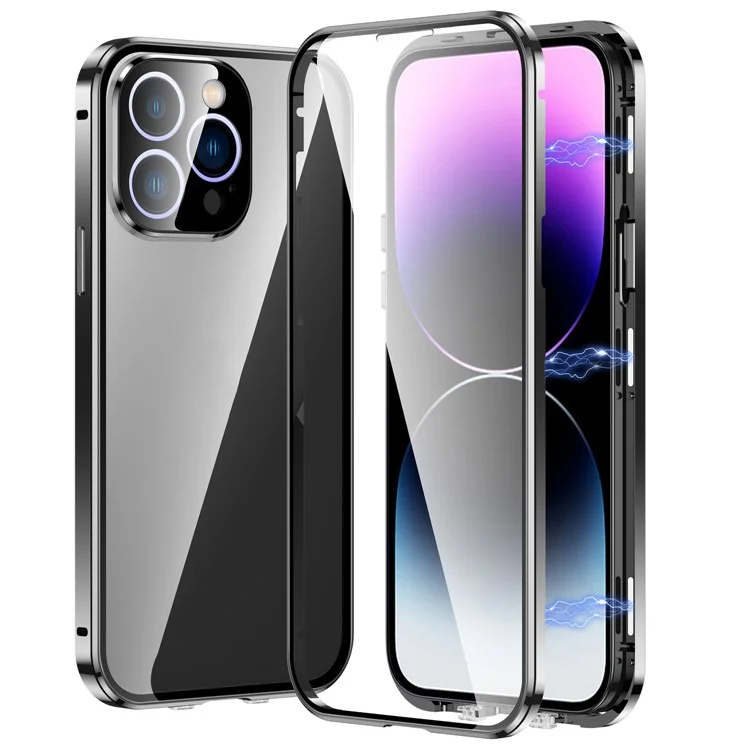 For iPhone 13 Pro 6.1 inch Safety Buckle Straight Edge Phone Case Metal Frame + Double Sides Transparent Tempered Glass Magnetic Adsorption Cover - Black