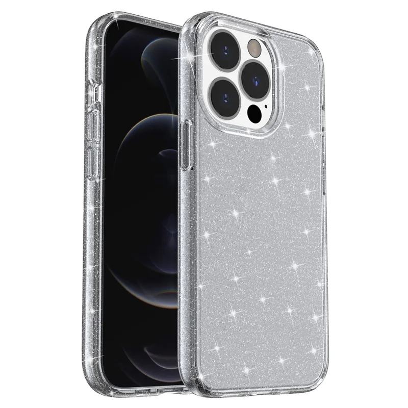 Für iPhone 15 Pro Sparkly Glitter Anti-Scratch Case Hard PC + Soft TPU Phone Cover - Grau
