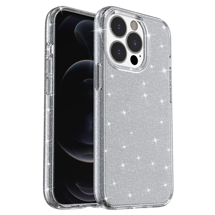 Pour iPhone 15 Pro Max Sparkly Glitter Protective Case Hard PC + Soft TPU Anti-scratch Phone Cover - Grey