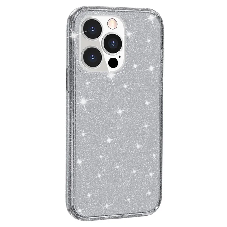 Pour iPhone 15 Pro Max Sparkly Glitter Protective Case Hard PC + Soft TPU Anti-scratch Phone Cover - Grey