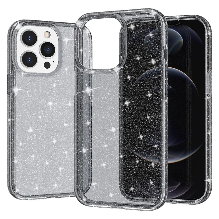 Pour iPhone 15 Pro Max Sparkly Glitter Protective Case Hard PC + Soft TPU Anti-scratch Phone Cover - Grey