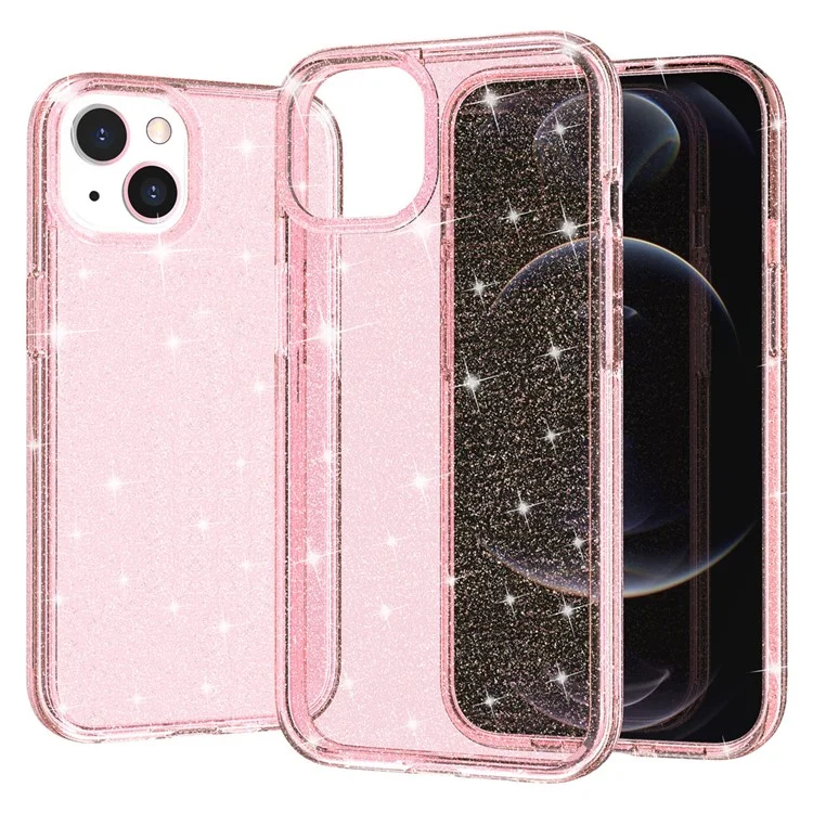 For iPhone 15 Bump Proof Protective Case Sparkly Glitter Hard PC + Soft TPU Phone Cover - Pink