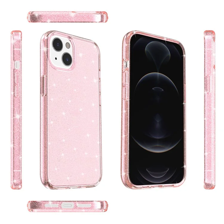 For iPhone 15 Bump Proof Protective Case Sparkly Glitter Hard PC + Soft TPU Phone Cover - Pink