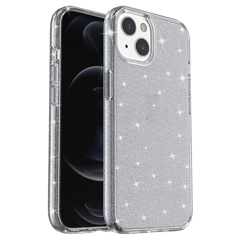 For iPhone 15 Bump Proof Protective Case Sparkly Glitter Hard PC + Soft TPU Phone Cover - Grey