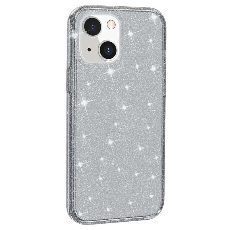For iPhone 15 Bump Proof Protective Case Sparkly Glitter Hard PC + Soft TPU Phone Cover - Grey