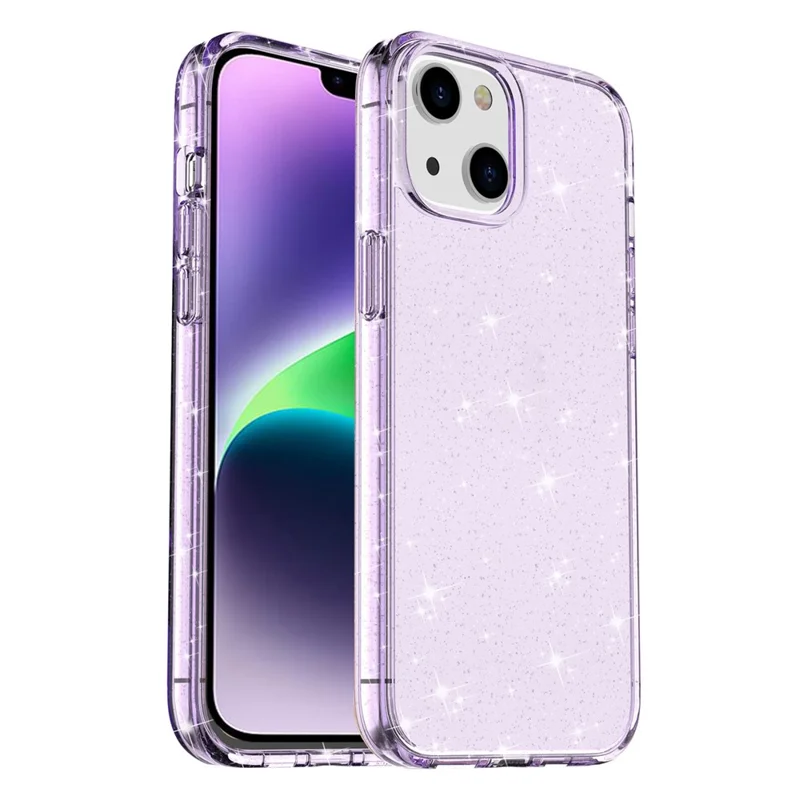 Para iPhone 15 Bump Proof Protective Case Sparkly Glitter Hard PC + Soft TPU Phone Cover - Morado