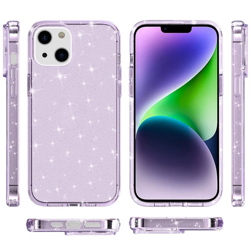 Para iPhone 15 Bump Proof Protective Case Sparkly Glitter Hard PC + Soft TPU Phone Cover - Morado