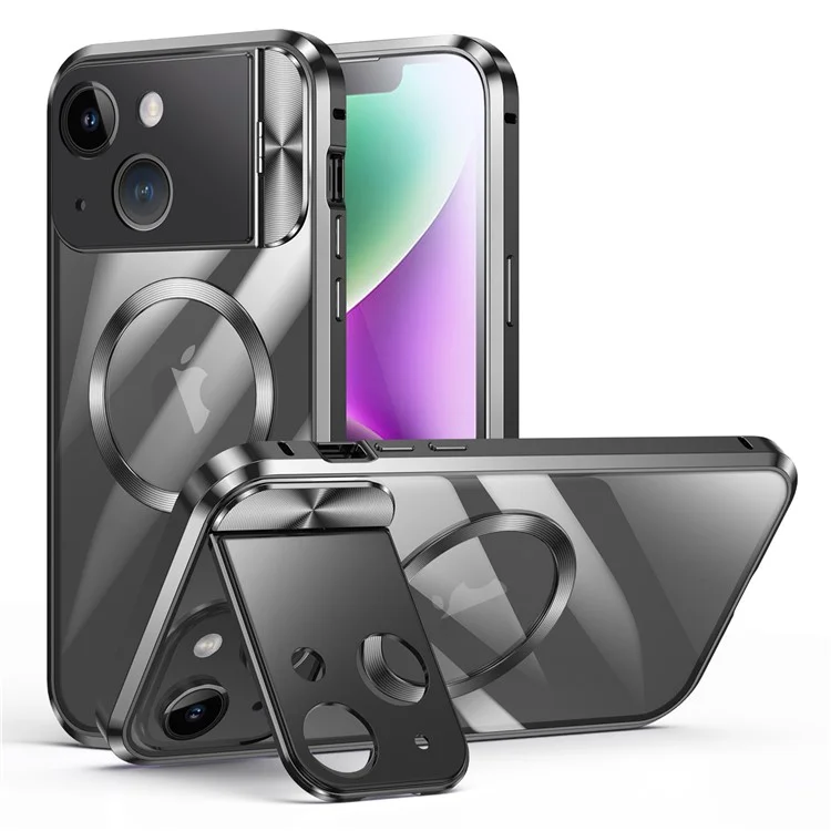 Phone Case Compatible with MagSafe for iPhone 14 , Tempered Glass+Aluminum Alloy+PC Cover with Kickstand - Black
