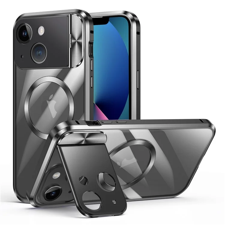 Kickstand Case Compatible with MagSafe for iPhone 13 , Tempered Glass+Aluminum Alloy+PC Cover Magnetic Phone Cover - Black