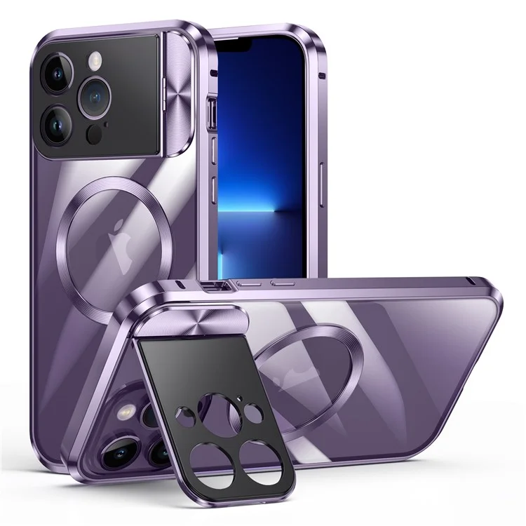 Kompatibel mit MagSafe-Handyhülle für iPhone 13 Pro 6,1 Zoll Gehärtetes Glas + Aluminiumlegierung + PC-Abdeckung mit Ständer - Lila