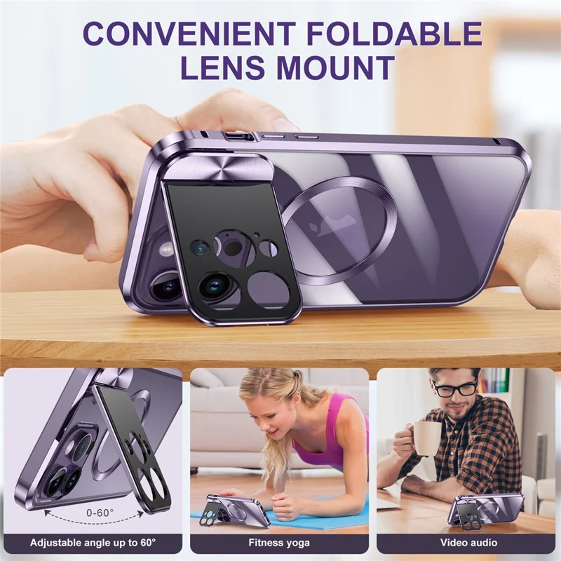 Compatible with MagSafe Phone Cover for iPhone 13 Pro Max 6.7 inch Tempered Glass+Aluminum Alloy+PC Kickstand Case - Purple