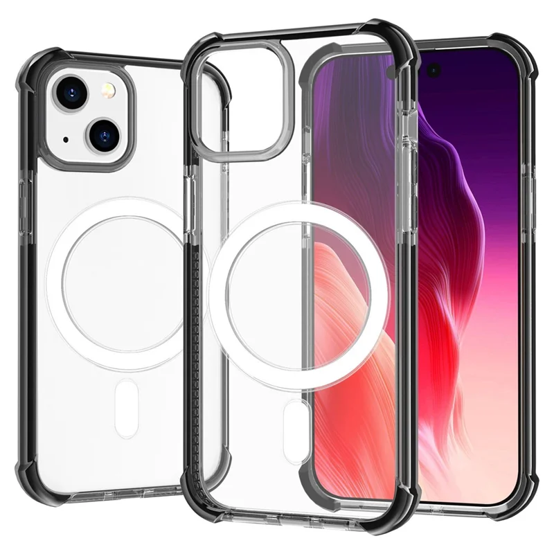 Coque de téléphone transparente pour iPhone 15, avec protection anti-chute aux quatre coins, en acrylique + TPU, compatible avec MagSafe - Noir