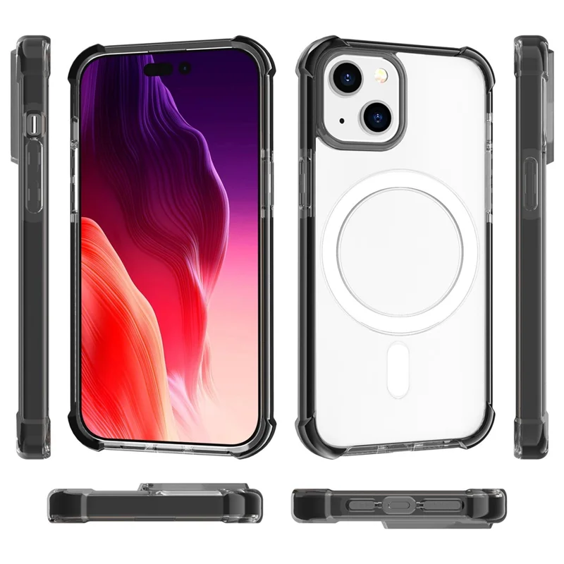 Coque de téléphone transparente pour iPhone 15, avec protection anti-chute aux quatre coins, en acrylique + TPU, compatible avec MagSafe - Noir