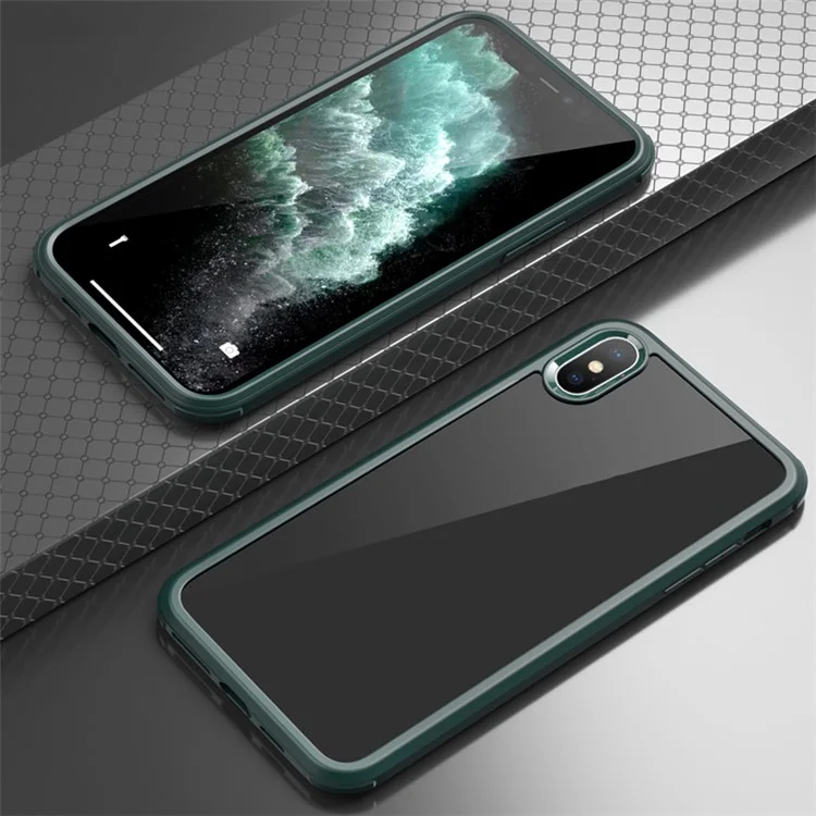 For iPhone XS Max 360-Degree Double-Sided Protection Case Tempered Glass + Silicone Frame Phone Cover - Midnight Green