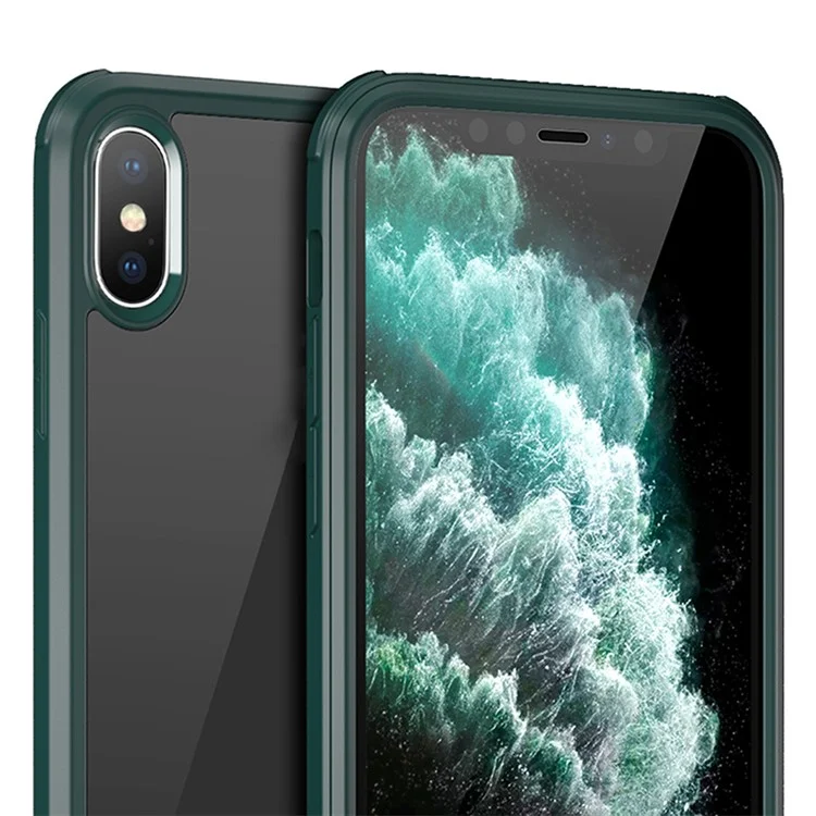 For iPhone XS Max 360-Degree Double-Sided Protection Case Tempered Glass + Silicone Frame Phone Cover - Midnight Green