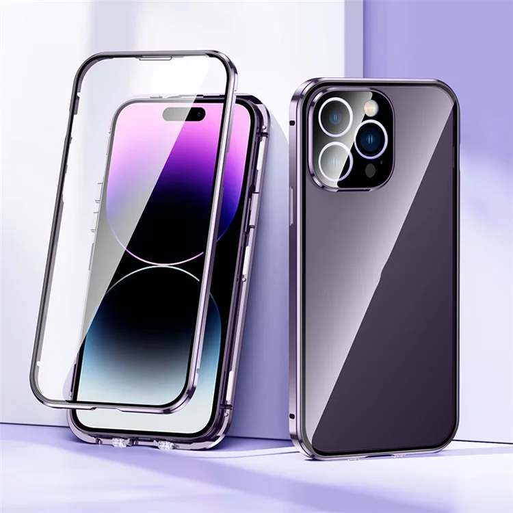 Para iPhone 15 Pro Double Sides Tempered Glass Phone Case Straight Edge Metal Frame Buckle Magnetic Phone Cover - Roxo