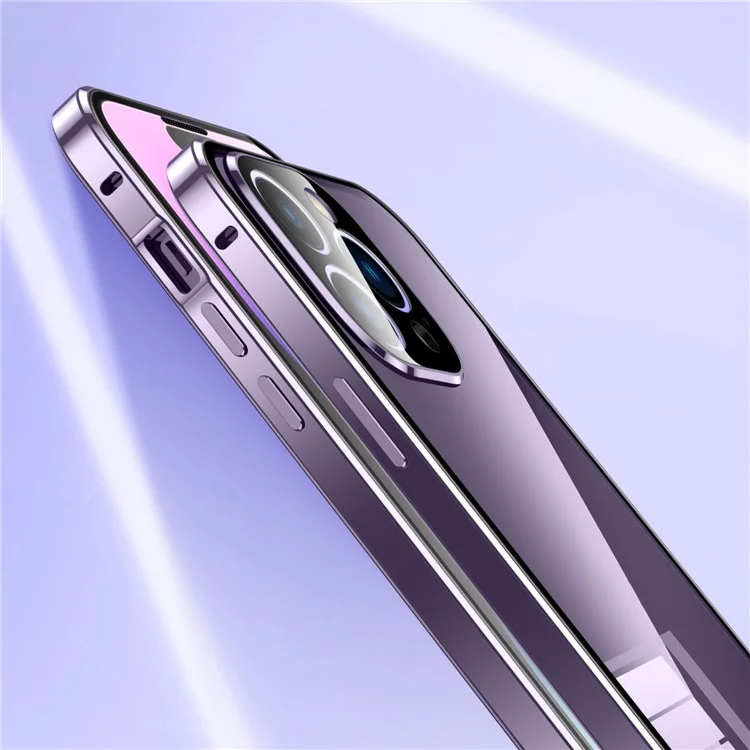Para iPhone 15 Pro Double Sides Tempered Glass Phone Case Straight Edge Metal Frame Buckle Magnetic Phone Cover - Roxo