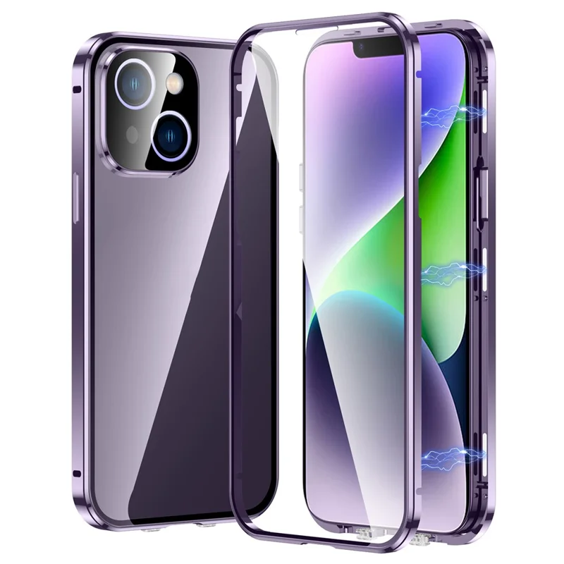 Para iPhone 15 Plus Straight Edge Phone Case Double Sides Tempered Glass Metal Frame Magnetic Cover with Buckle - Púrpura