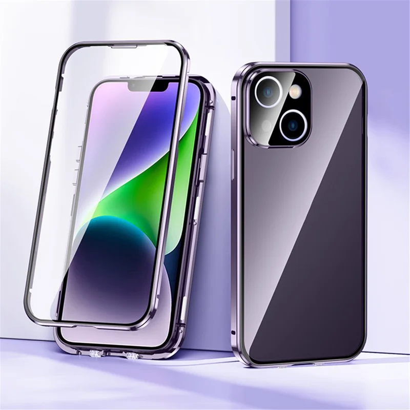 Para iPhone 15 Plus Straight Edge Phone Case Double Sides Tempered Glass Metal Frame Magnetic Cover with Buckle - Púrpura