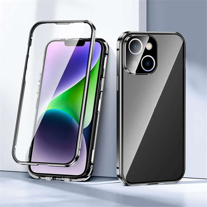 Double Sides Tempered Glass Case for iPhone 15 , Straight Edge Metal Frame Magnetic Phone Cover with Buckle - Black