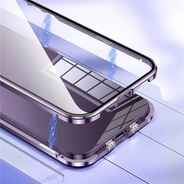 Для iPhone 15 Pro Max Double Sides Tempered Glass+Metal Frame Case Straight Edge Magnetic Phone Cover with Buckle - Purple