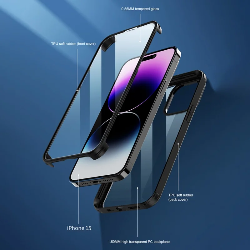 Чехол-накладка для iPhone 15 Pro Max Double-Sided Tempered Glass + Silicone Frame, защита 360 градусов, чёрный