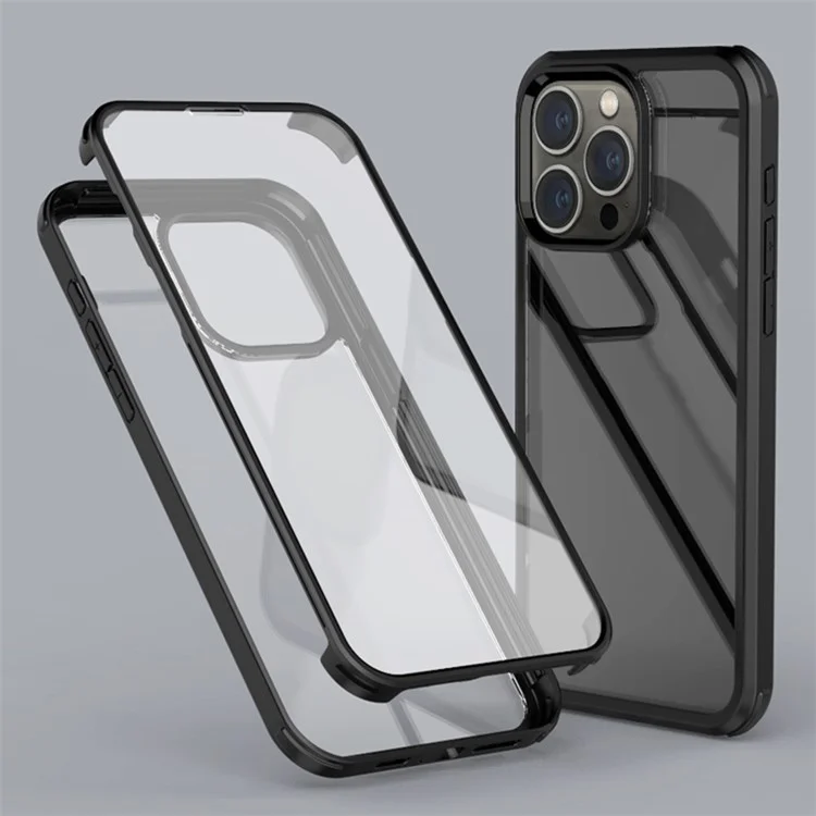For iPhone 15 Pro Protective Slim Case Double-Sided Tempered Glass + Silicone Frame Phone Case - Black