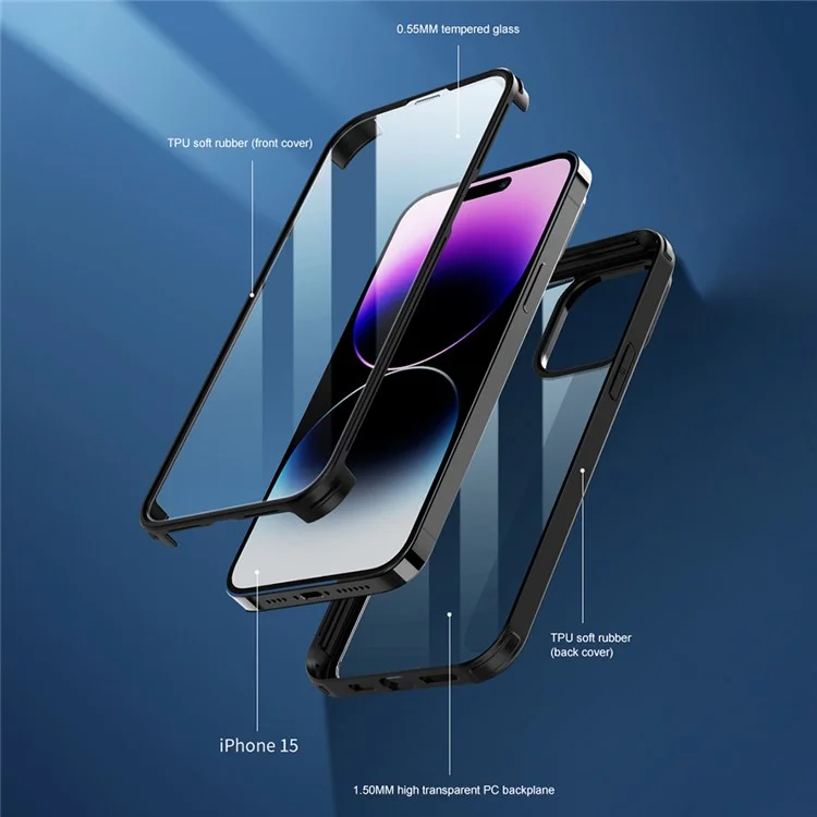 For iPhone 15 Pro Protective Slim Case Double-Sided Tempered Glass + Silicone Frame Phone Case - Black