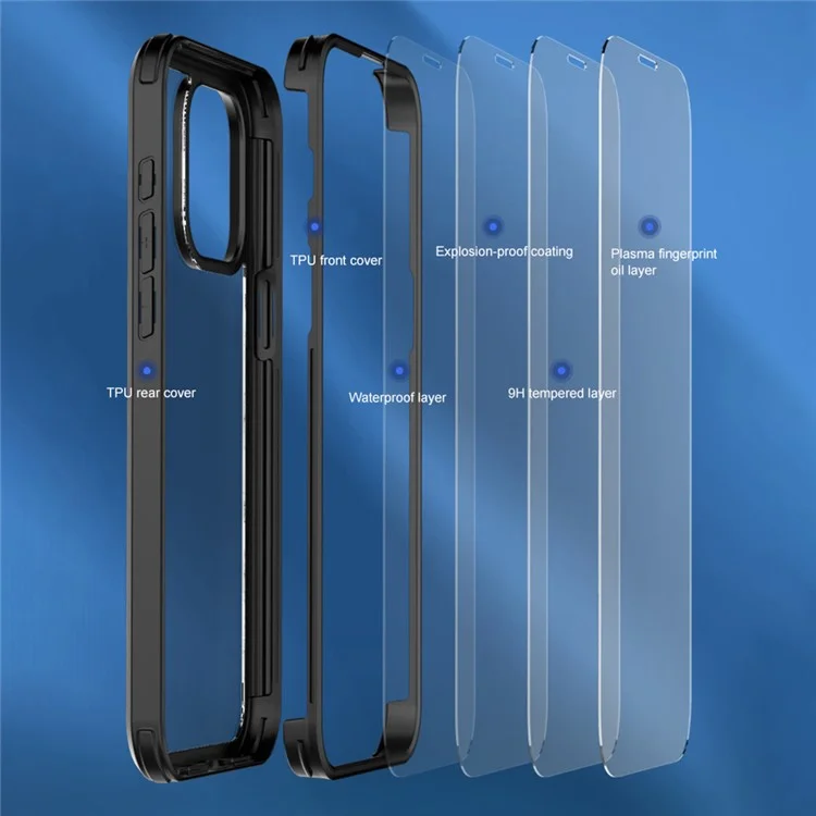 For iPhone 15 Pro Protective Slim Case Double-Sided Tempered Glass + Silicone Frame Phone Case - Black