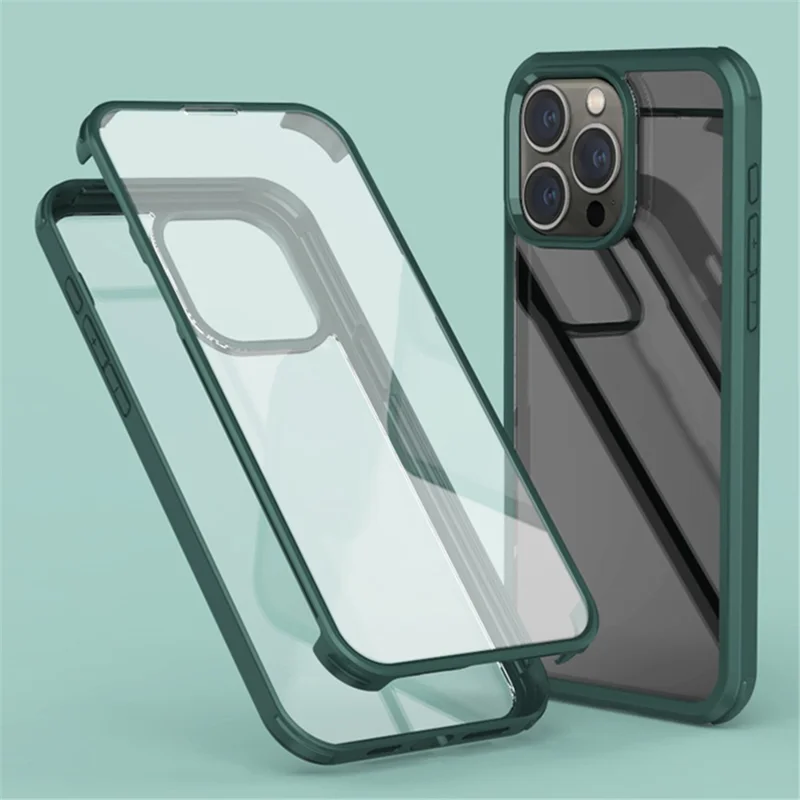 For iPhone 15 Pro Protective Slim Case Double-Sided Tempered Glass + Silicone Frame Phone Case - Midnight Green
