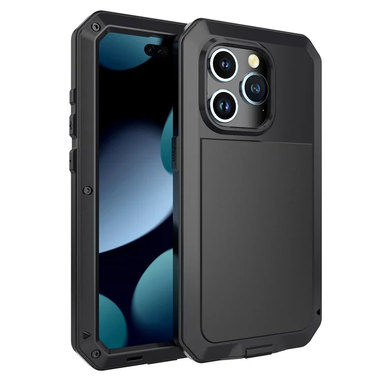 Für iPhone 15 Pro Silikon+PC+Metall Handyhülle Vollschutz Cover mit gehärtetem Glas Film - Schwarz