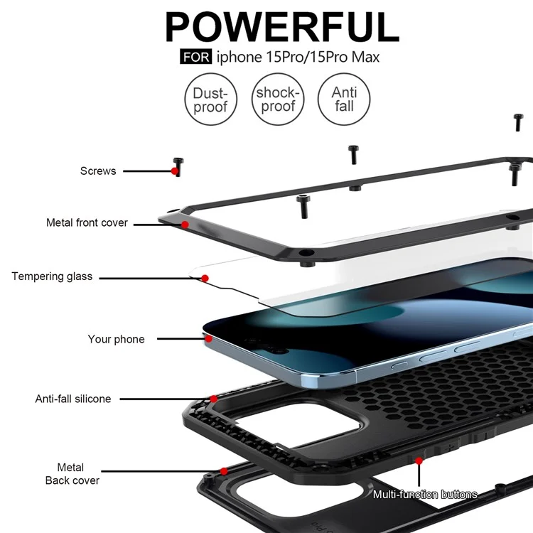 Für iPhone 15 Pro Silikon+PC+Metall Handyhülle Vollschutz Cover mit gehärtetem Glas Film - Schwarz
