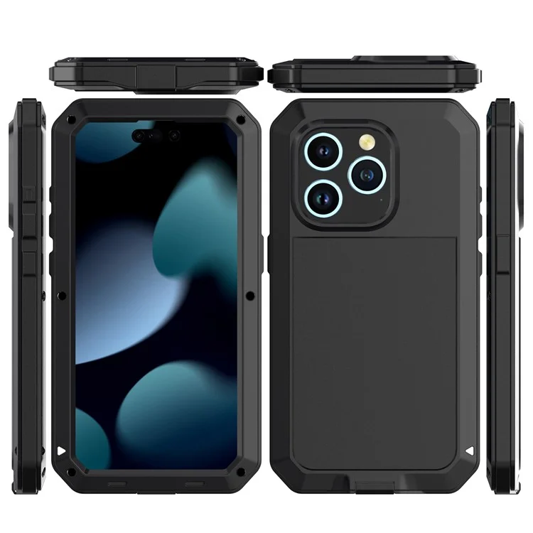 Für iPhone 15 Pro Silikon+PC+Metall Handyhülle Vollschutz Cover mit gehärtetem Glas Film - Schwarz