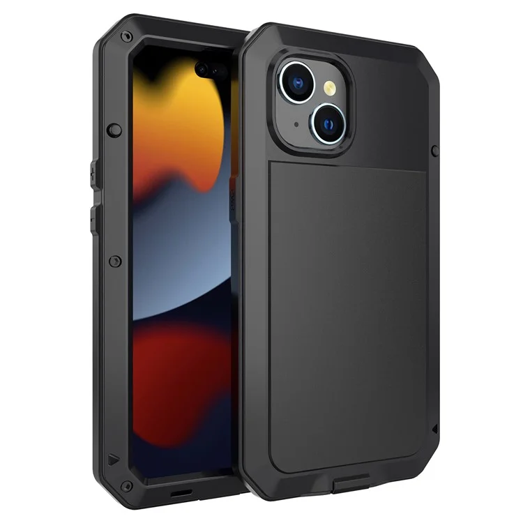 Phone Case with Tempered Glass Film for iPhone 15 , Silicone+PC+Metal Anti-drop Phone Cover - Black