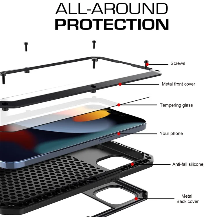 Phone Case with Tempered Glass Film for iPhone 15 , Silicone+PC+Metal Anti-drop Phone Cover - Black