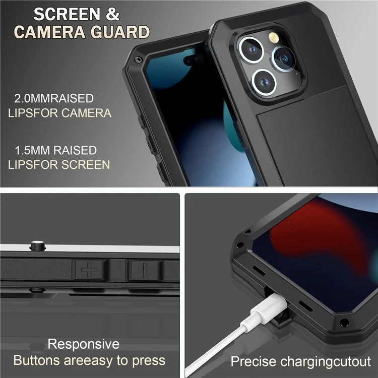 Phone Case with Tempered Glass Film for iPhone 15 , Silicone+PC+Metal Anti-drop Phone Cover - Black