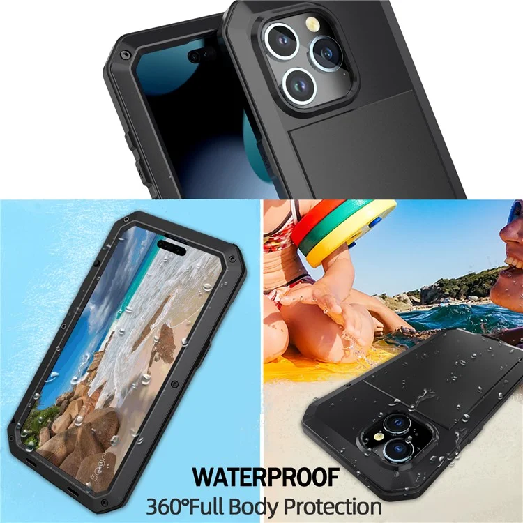 Phone Case with Tempered Glass Film for iPhone 15 , Silicone+PC+Metal Anti-drop Phone Cover - Black
