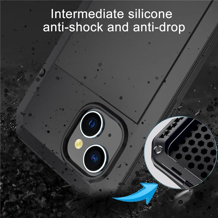 Phone Case with Tempered Glass Film for iPhone 15 , Silicone+PC+Metal Anti-drop Phone Cover - Black